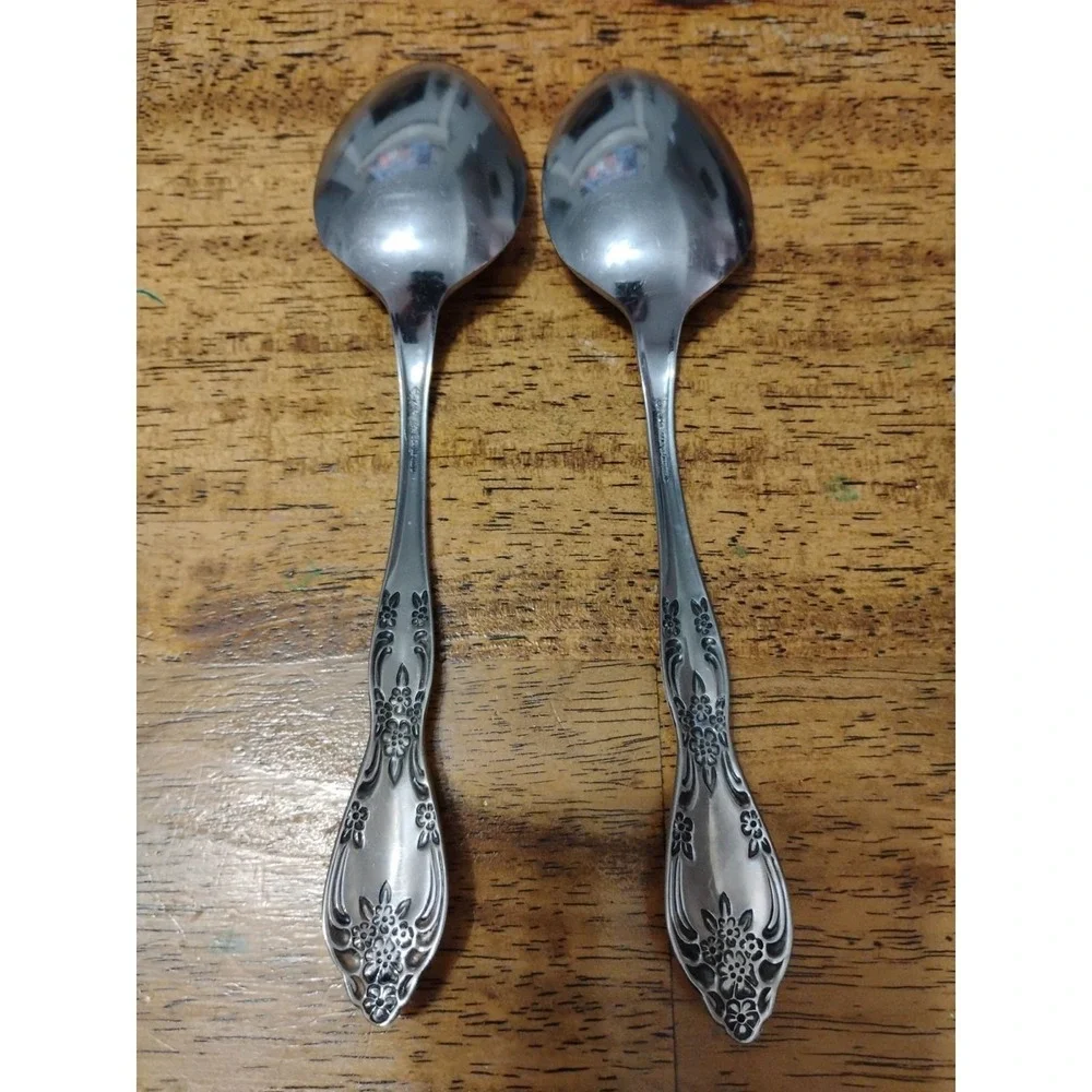 2 Oneida Galveston Solid Serving Spoon 8 1/4 Stainless Steel Floral Silverware